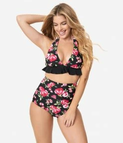 Unique Vintage Black & Pink Floral High Waist Louise Swim Bottoms Swimwear