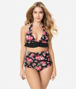 Unique Vintage Black & Pink Floral High Waist Louise Swim Bottoms Swimwear