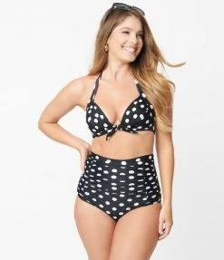Unique Vintage Black & White Polka Dot Monroe High Waist Bikini Bottom