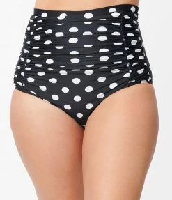 Unique Vintage Black & White Polka Dot Monroe High Waist Bikini Bottom