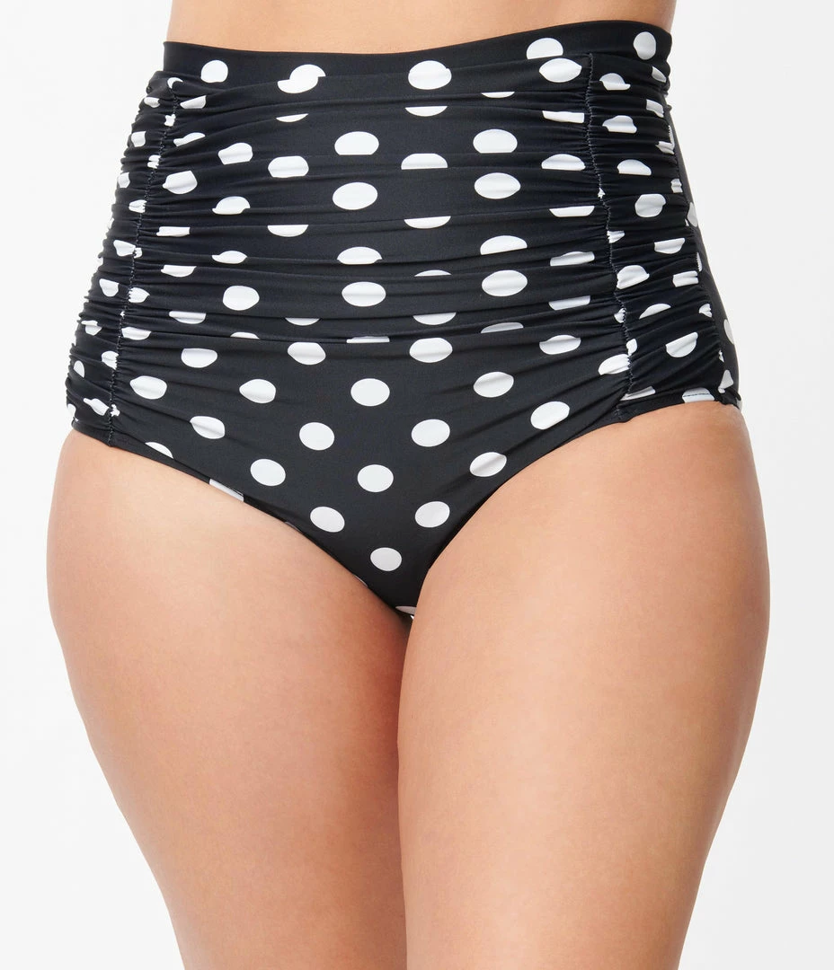 Unique Vintage Black & White Polka Dot Monroe High Waist Bikini Bottom