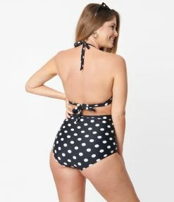 Unique Vintage Black & White Polka Dot Monroe High Waist Bikini Bottom