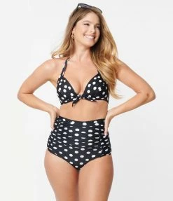 Unique Vintage Black & White Polka Dot Monroe High Waist Bikini Bottom