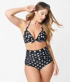 Unique Vintage Black & White Polka Dot Monroe High Waist Bikini Bottom