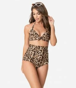 Swimwear Unique Vintage Leopard Print Monroe High Waist Swim Bottom