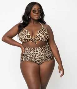Swimwear Unique Vintage Plus Size Leopard Print Monroe High Waist Swim Bottom