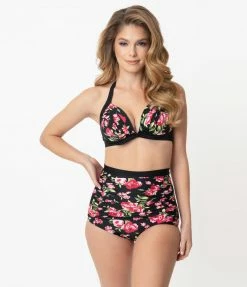 Unique Vintage Black & Red Floral Print Monroe Halter Swim Top