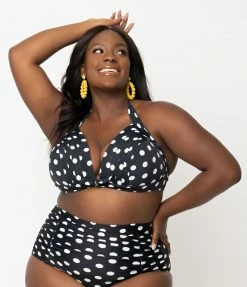 Unique Vintage Plus Size Black & White Polka Dot Print Monroe Halter Bikini Top Swimwear