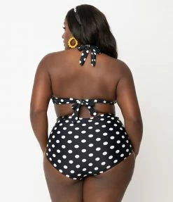 Unique Vintage Plus Size Black & White Polka Dot Print Monroe Halter Bikini Top Swimwear