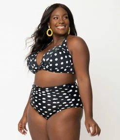 Unique Vintage Plus Size Black & White Polka Dot Print Monroe Halter Bikini Top Swimwear