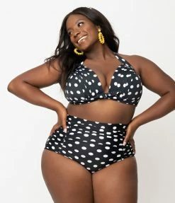 Unique Vintage Plus Size Black & White Polka Dot Print Monroe Halter Bikini Top Swimwear