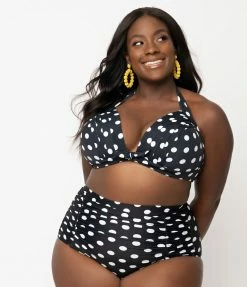 Unique Vintage Plus Size Black & White Polka Dot Print Monroe Halter Bikini Top Swimwear