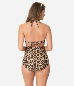 Unique Vintage Leopard Print Monroe Halter Swim Top