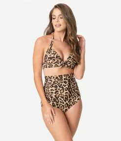 Unique Vintage Leopard Print Monroe Halter Swim Top