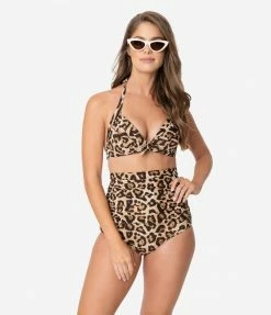 Unique Vintage Leopard Print Monroe Halter Swim Top