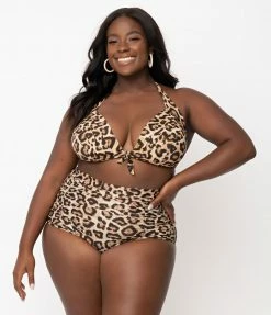 Swimwear Unique Vintage Plus Size Leopard Print Monroe Halter Swim Top