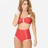 Unique Vintage Red & White Pin Dot Ruffle Crystal Cove Bandeau Bikini Top