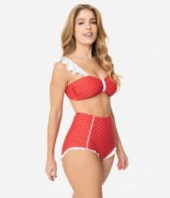 Unique Vintage Red & White Pin Dot Ruffle Crystal Cove Bandeau Bikini Top