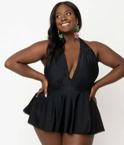 Unique Vintage Plus Size Black Halter Skirted Wendy Swimsuit