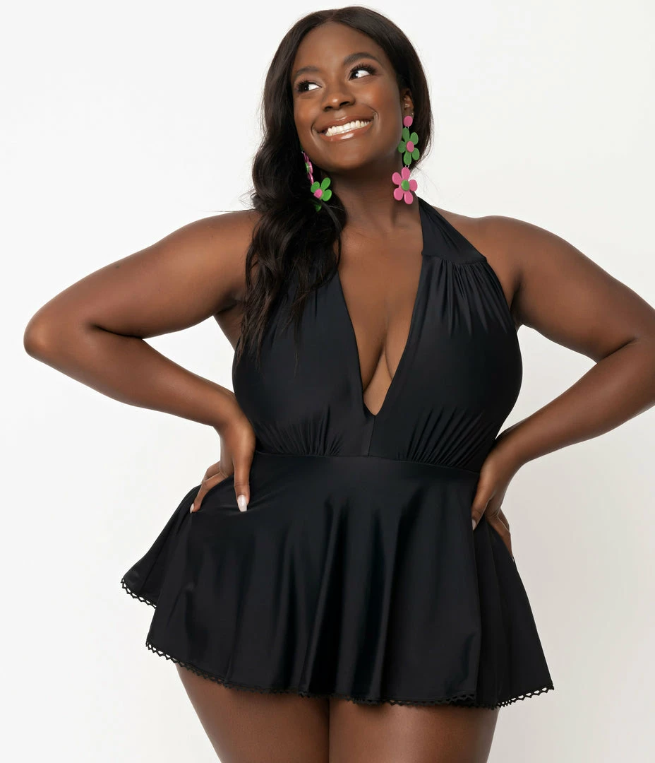 Unique Vintage Plus Size Black Halter Skirted Wendy Swimsuit