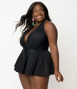 Unique Vintage Plus Size Black Halter Skirted Wendy Swimsuit