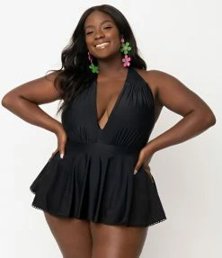 Unique Vintage Plus Size Black Halter Skirted Wendy Swimsuit