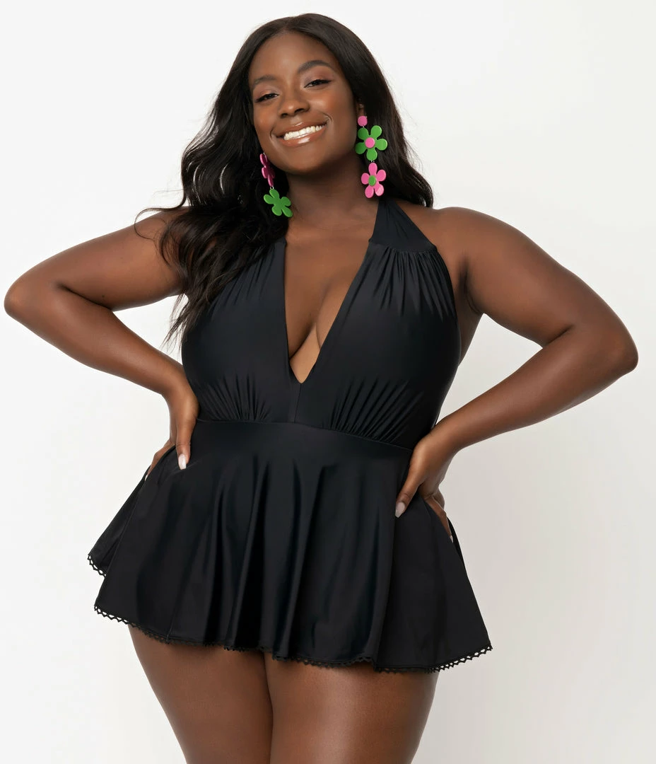 Unique Vintage Plus Size Black Halter Skirted Wendy Swimsuit