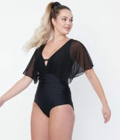 Swimwear Unique Vintage Black Mesh Sleeved Torrey Swimsuit