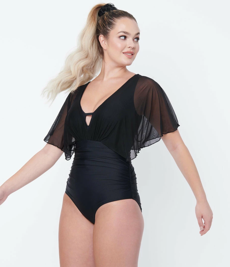 Swimwear Unique Vintage Black Mesh Sleeved Torrey Swimsuit