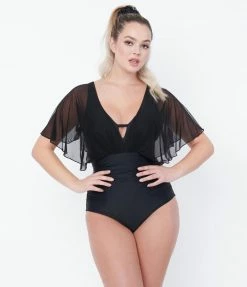Swimwear Unique Vintage Black Mesh Sleeved Torrey Swimsuit