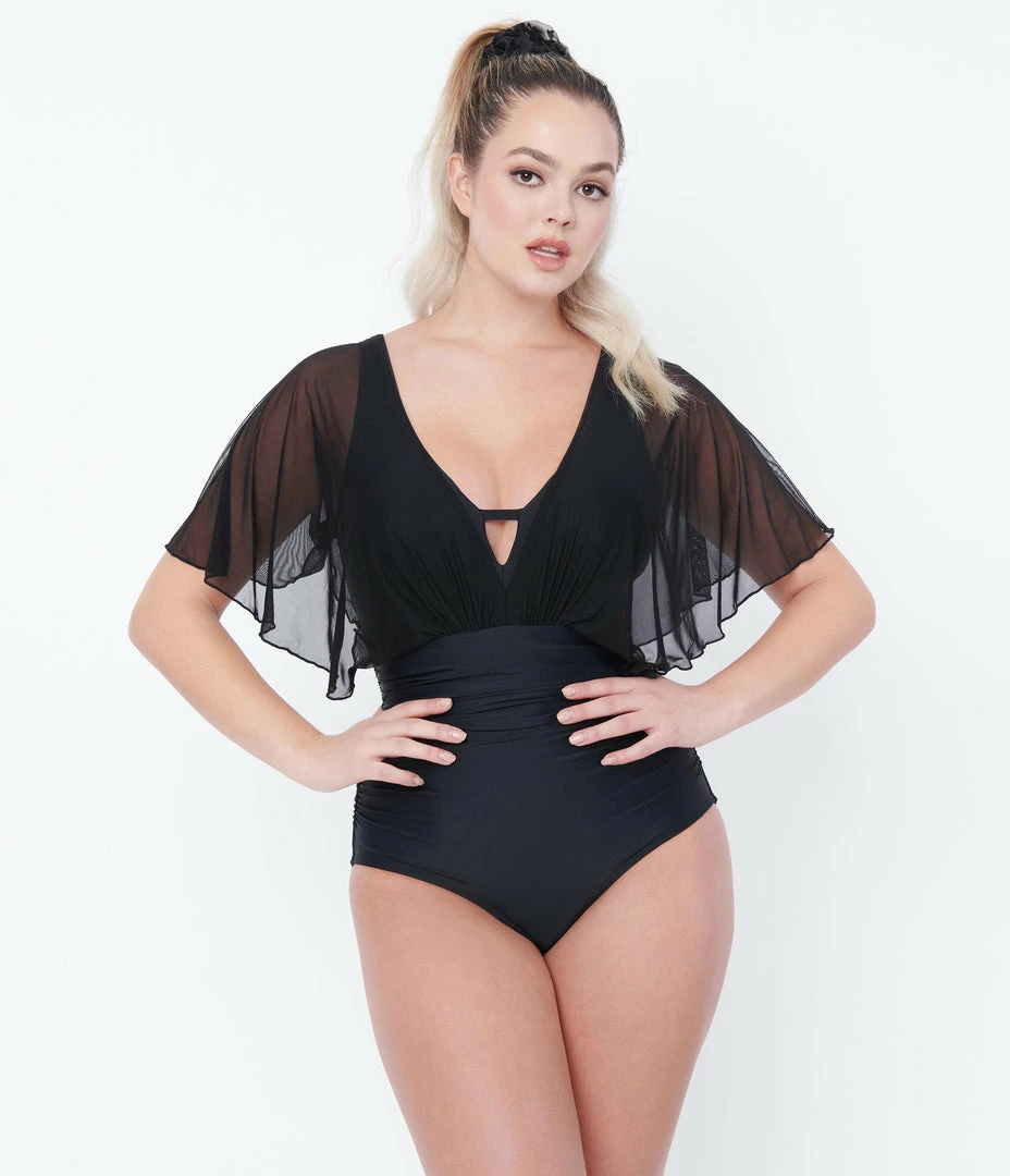 Swimwear Unique Vintage Black Mesh Sleeved Torrey Swimsuit