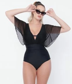 Swimwear Unique Vintage Black Mesh Sleeved Torrey Swimsuit