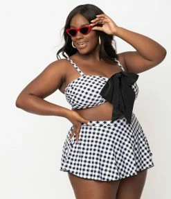 Unique Vintage Plus Size Black & White Gingham Bow Rialto Bikini Top