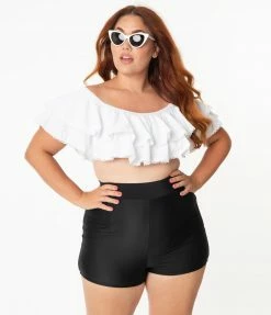 Unique Vintage Plus Size Black High Waist Capitola Swim Shorts Swimwear