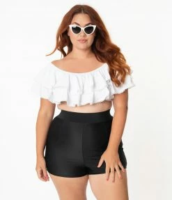 Unique Vintage Plus Size Black High Waist Capitola Swim Shorts Swimwear