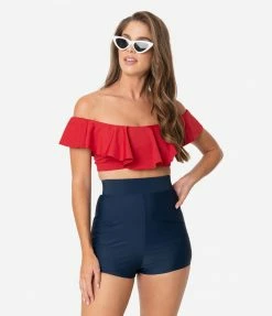 Unique Vintage Navy Blue High Waist Capitola Swim Shorts Swimwear