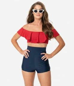 Unique Vintage Navy Blue High Waist Capitola Swim Shorts Swimwear