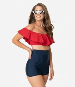 Unique Vintage Navy Blue High Waist Capitola Swim Shorts Swimwear