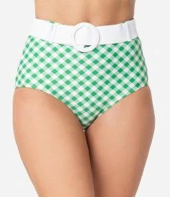 Unique Vintage Green & White Gingham Belted Retro Redondo Swim Bottoms