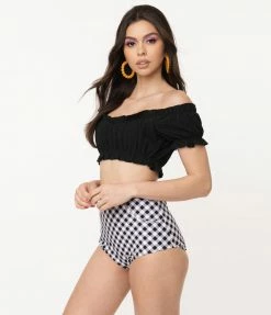 Unique Vintage Black Ruffle Encinitas Swim Crop Top Swimwear