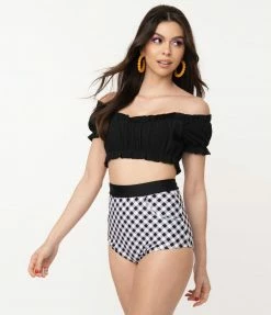 Swimwear Unique Vintage Mrs. Cooper Black & White Gingham Sailor Swim Shorts