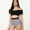 Swimwear Unique Vintage Mrs. Cooper Black & White Gingham Sailor Swim Shorts