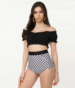 Swimwear Unique Vintage Mrs. Cooper Black & White Gingham Sailor Swim Shorts