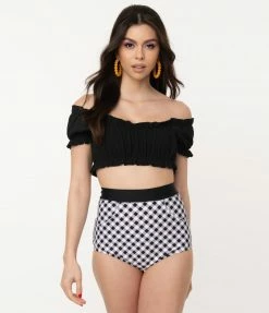 Swimwear Unique Vintage Mrs. Cooper Black & White Gingham Sailor Swim Shorts