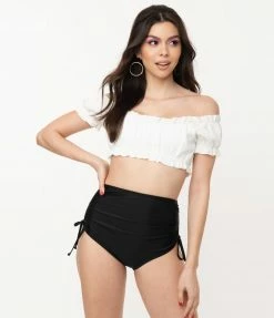Unique Vintage White Ruffle Encinitas Swim Crop Top Swimwear