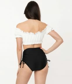 Unique Vintage White Ruffle Encinitas Swim Crop Top Swimwear