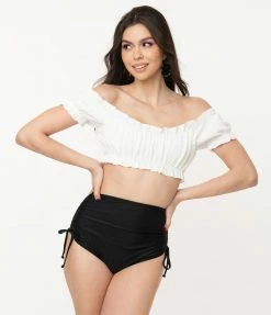 Unique Vintage White Ruffle Encinitas Swim Crop Top Swimwear