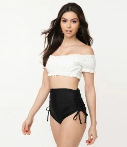 Unique Vintage White Ruffle Encinitas Swim Crop Top Swimwear