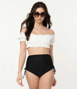 Unique Vintage White Ruffle Encinitas Swim Crop Top Swimwear