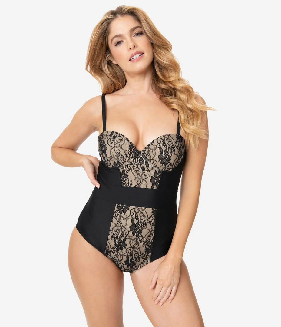 Unique Vintage Black Lace & Beige Pin-Up Clemente Swimsuit